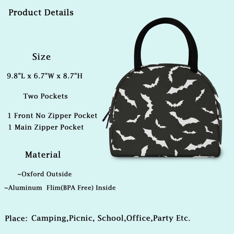 ZzWwR Stylish Bats Halloween Pattern Reusable Lunch Tote Bag with Front Pocket Zipper Closure Insulated Cooler Container Bag for Man Women Work Picnic Travel Beach Fishing - Image 2